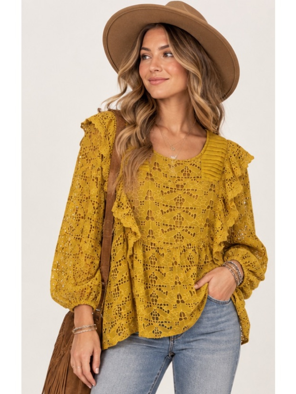 Anthropologie Mustard Lace Boho Cottagecore Rimantic Eyelet Ruffle Blouse Sz